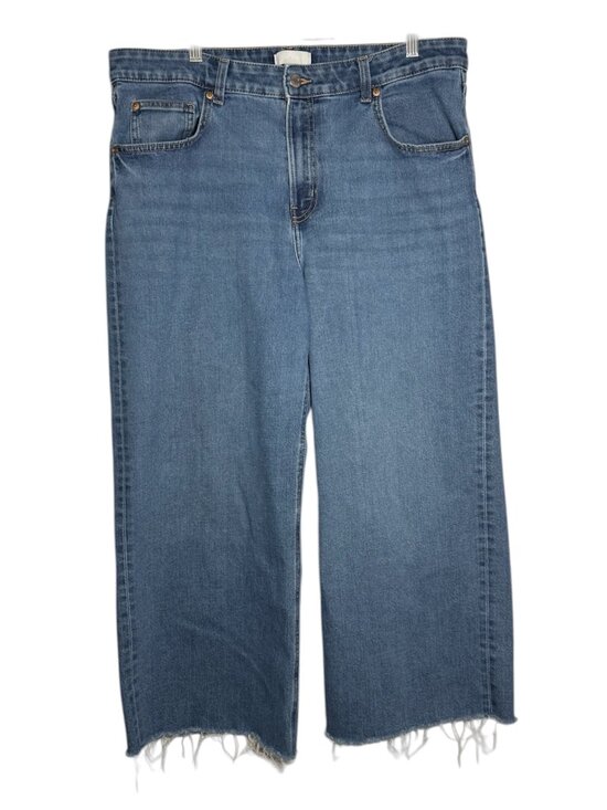 H&M Denim - H&M Wide Leg Jeans High Rise Size 16 Fray Hem Cotton Stretchy Blue Baggy Loose